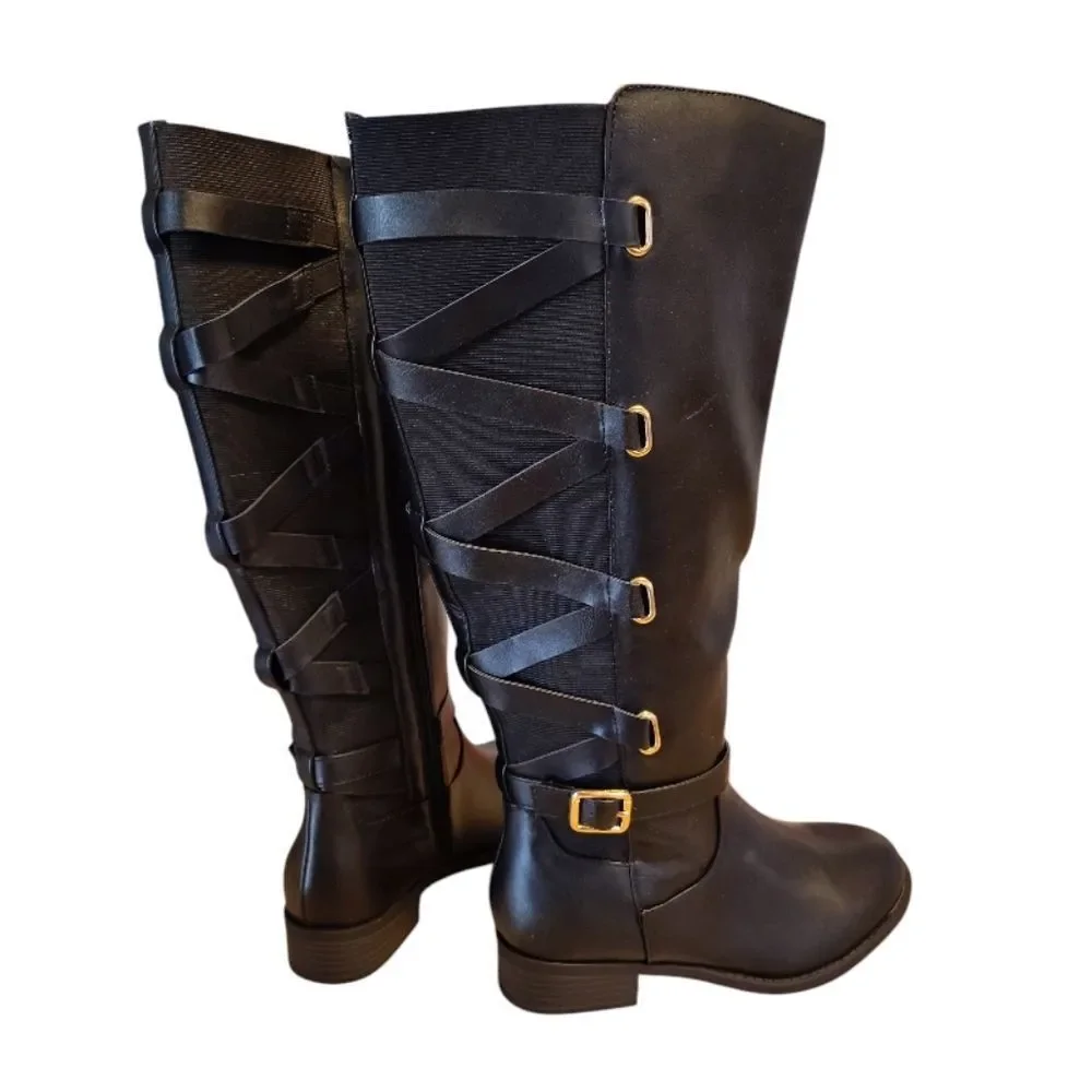 Thalia Sodi Veronika Black Knee High Wide Calf Boots 7WIDE NWOT Back Lace Up